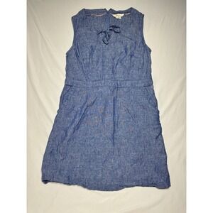 Boden Dress Chambray Blue‎ Sleeveless 100% Linen Women's Size 12R Midi Neck Tie